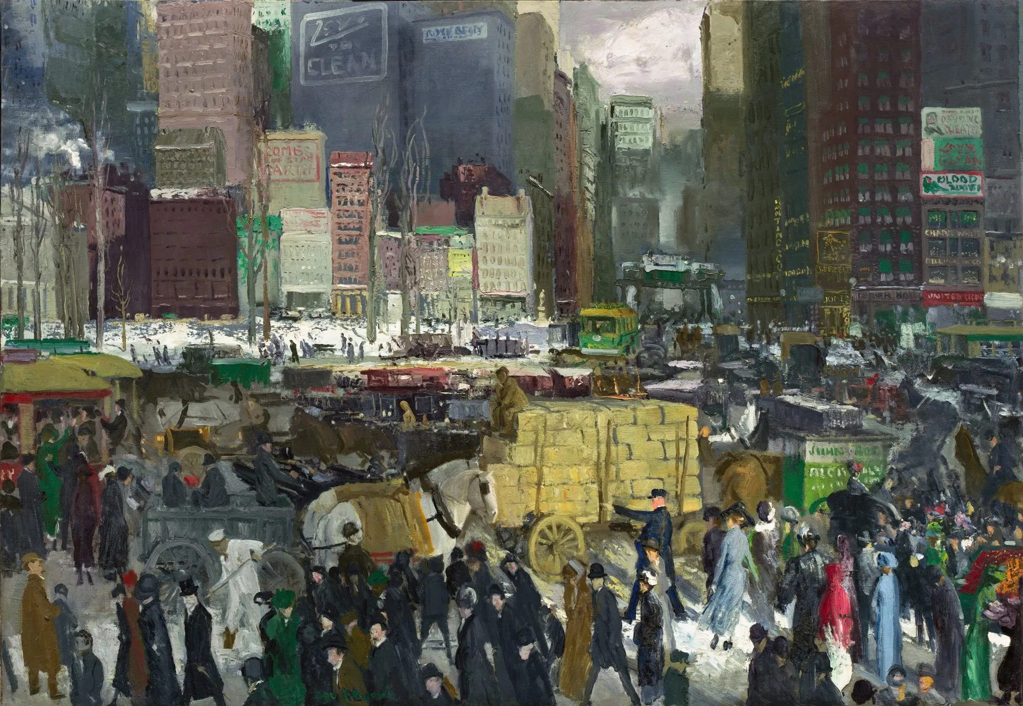 Nueva York, óleo de George Bellows (1911): una plaza de Manhattan en invierno, con rascacielos, carretas, tranvías y una multitud que cruza la calle